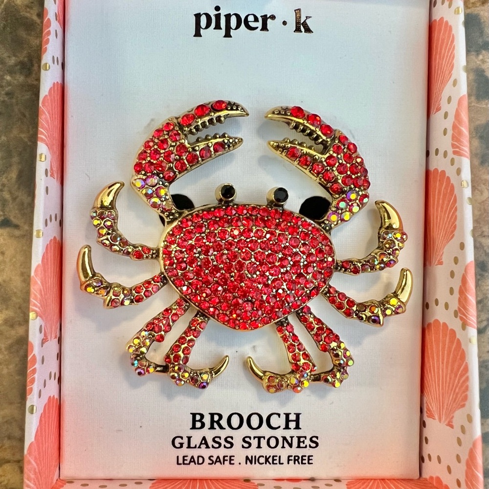 Piper K Glass Stones Crab Brooch NIB